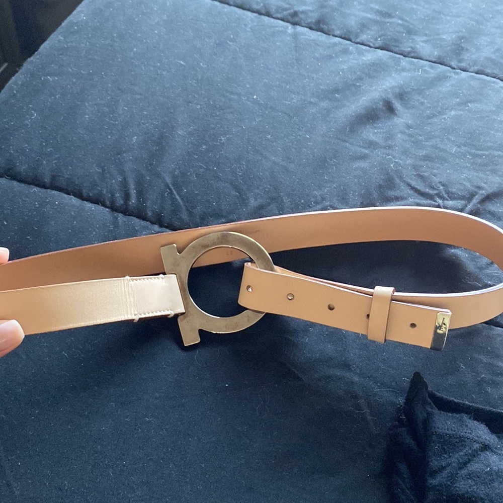 Salvatore Ferragamo Tan Leather Belt with Gold Gancini Buckle